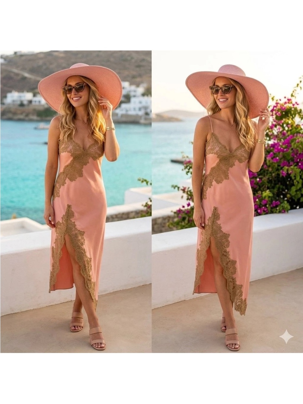 Zara Pink Satin Slip Dress with Cream Lace Trim - Picture 4 of 8